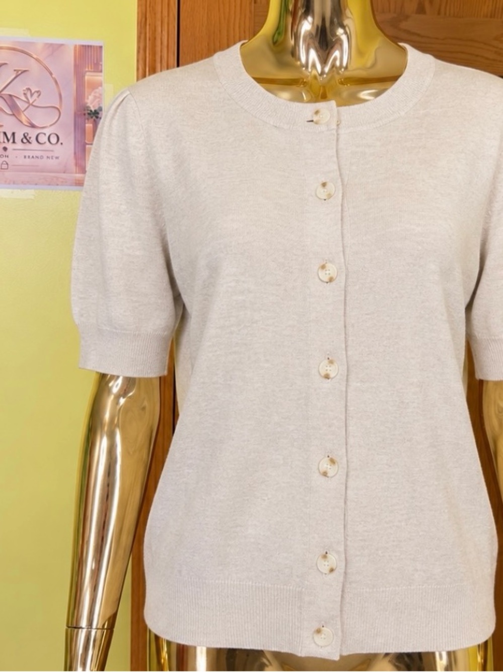 Time and Tru Cream Short-Sleeve Button Cardigan